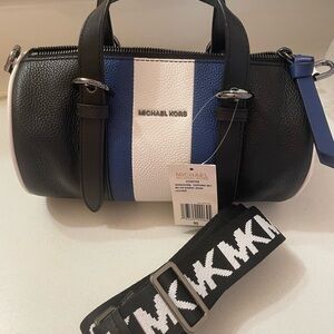 Michael Kors Black and White Satchel with Blue Accent